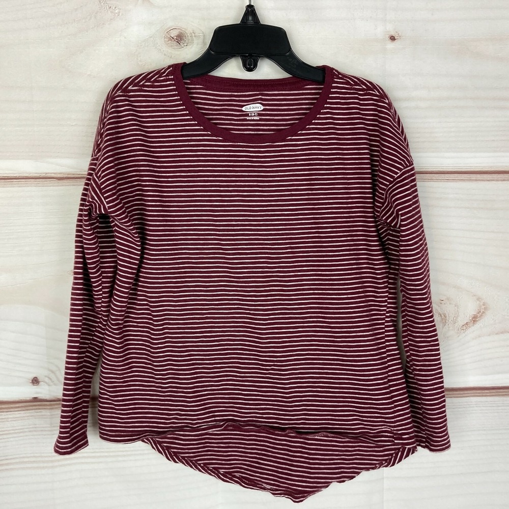 Old Navy Top Girls Small 6-7 Striped Long Sleeve Round Neck Red Shirt Cotton